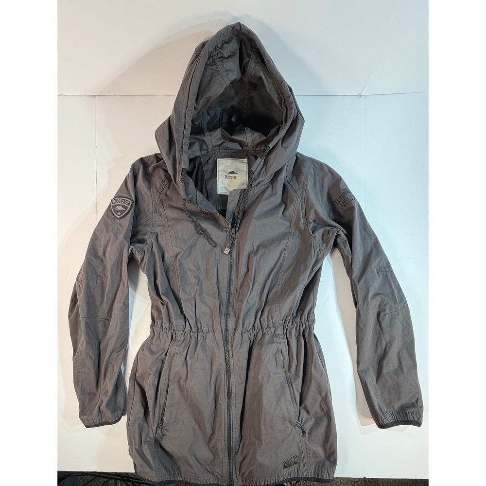 Roots 73 Womens Hooded Jacket Gray Cinch Waist Utility Coat Time Warner Wellness
